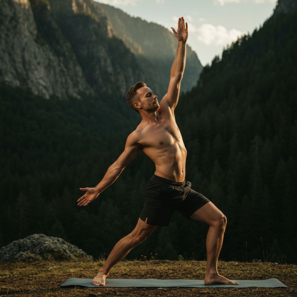 Мушкарац врши йогу вежбе на природи у пејзажу